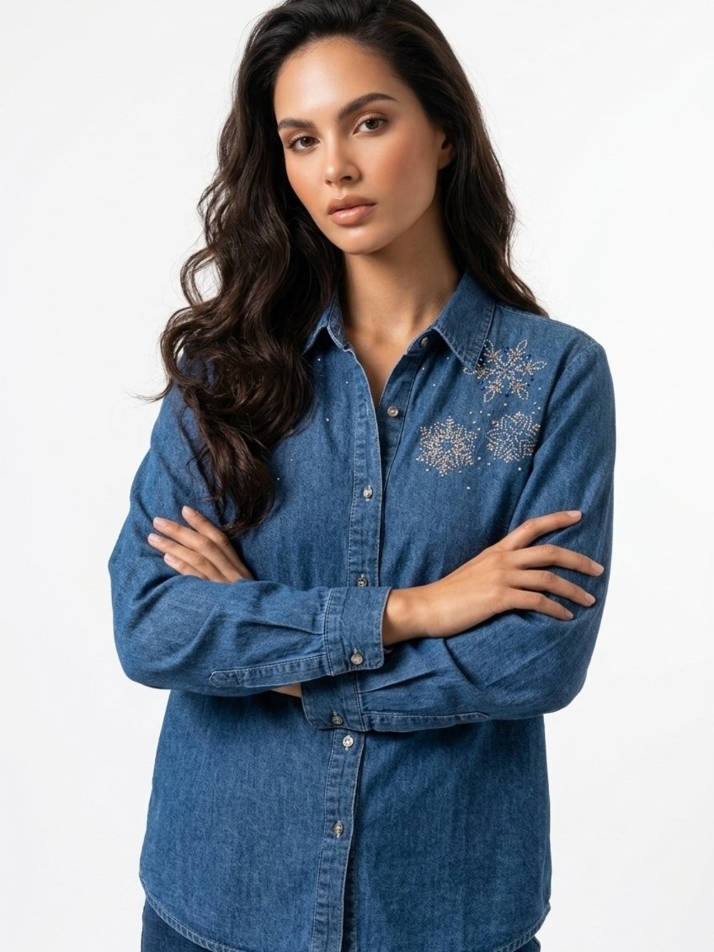 Quacker Factory  Rhinestone Denim Shirt Blue L Festive Button Up Front Pockets